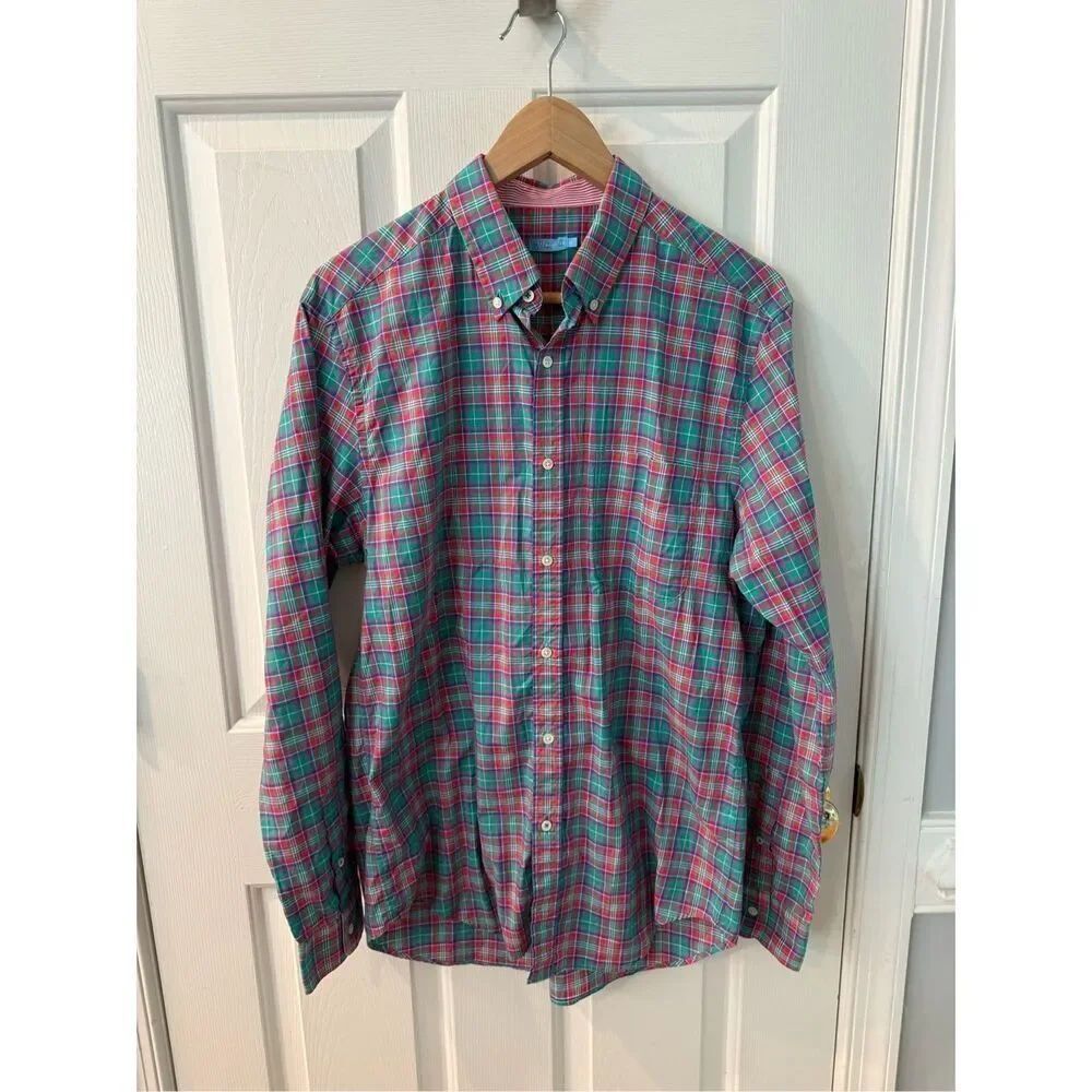 J. McLaughlin Mens Green Pink Blue Button Down Shirt sz M EUC